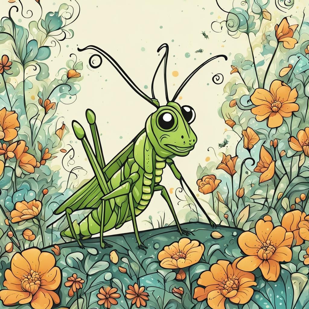 Sad Grasshopper Leaping in a Magical Cartoon Garden