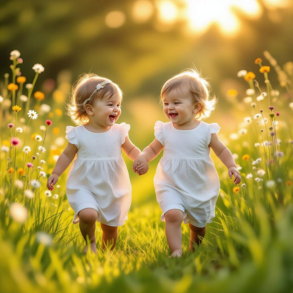 Joyful Toddlers Walking Barefoot on Sunlit Grass