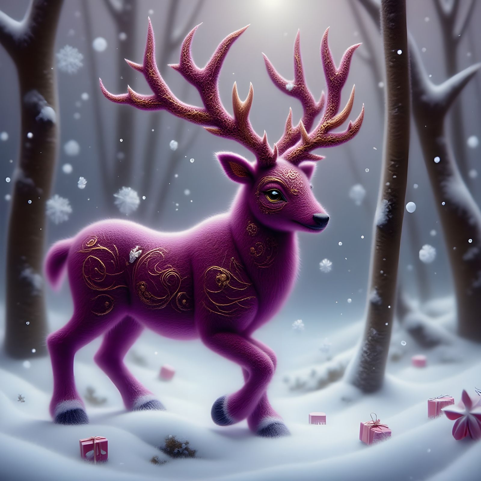 Velvet Stag with Ornate Gold Antlers in Snowy Forest
