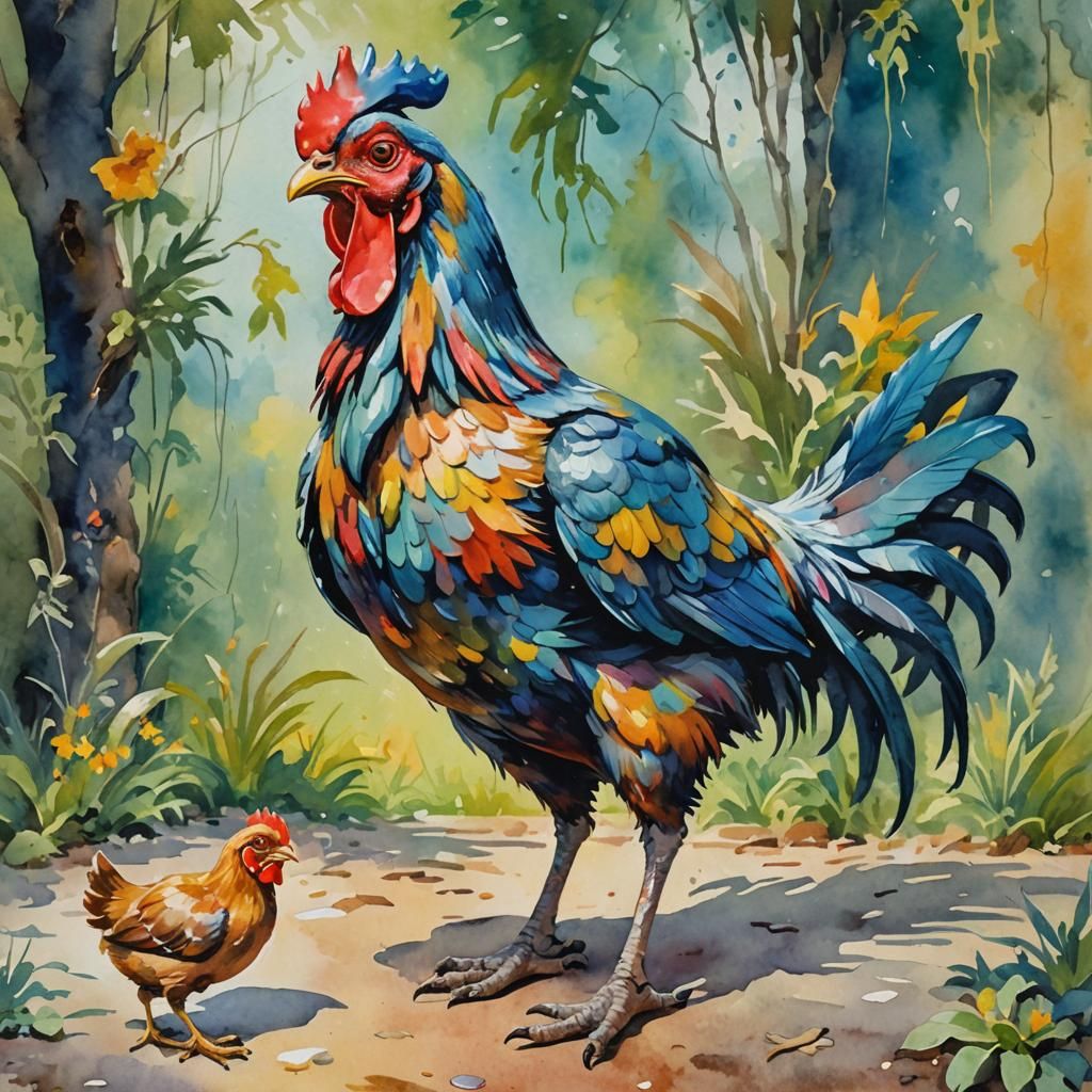 Bipedal Chicken-Headed Bird in Gouache Style