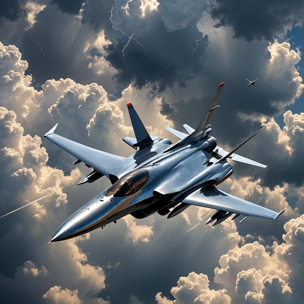 Metallic Jet Soaring Through Cloudy Sky