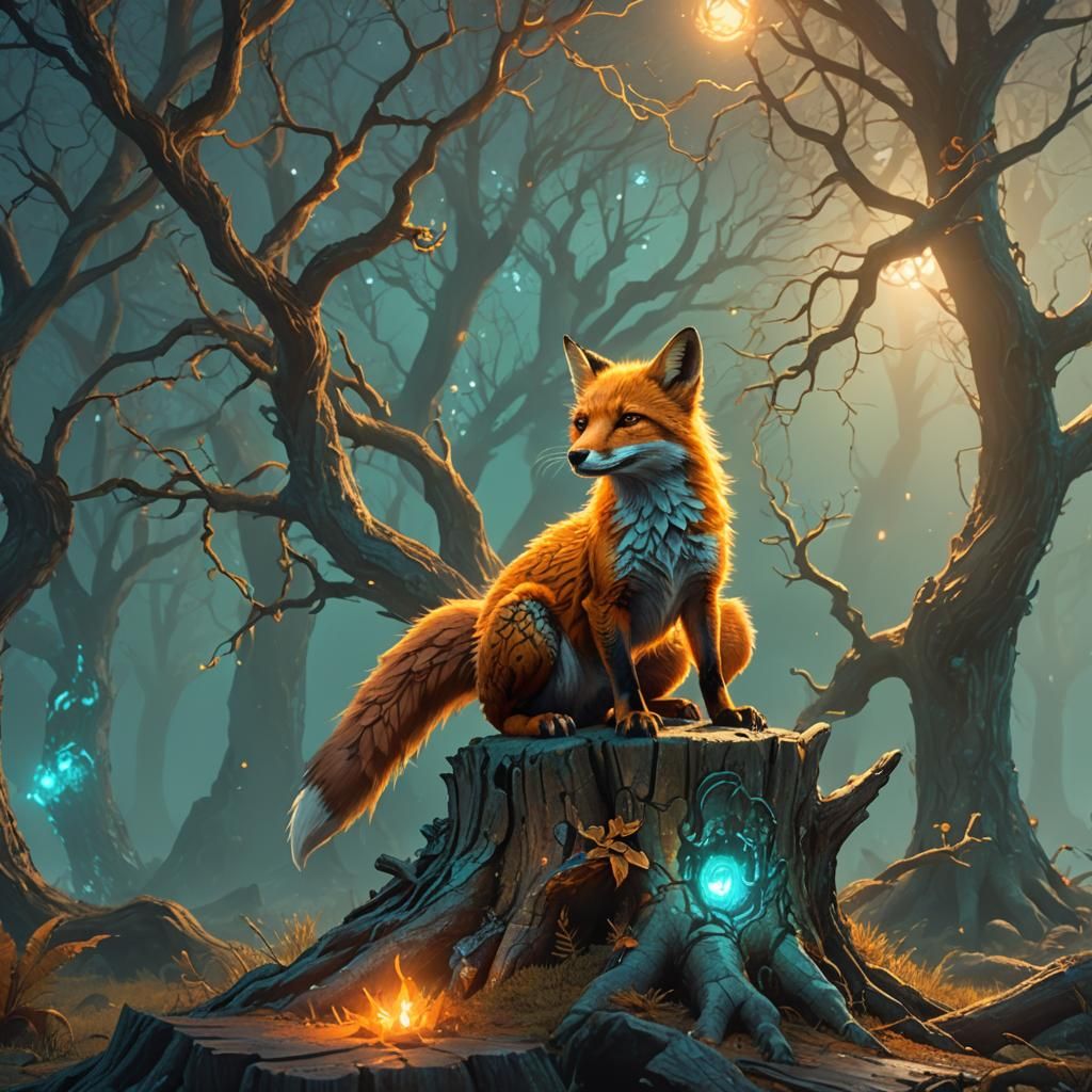 Fox Lizard on Mystical Tree Stump Concept Art