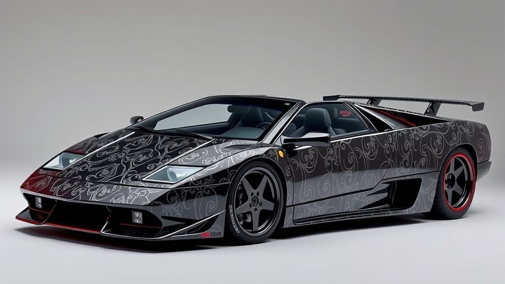 Lamborghini Diablo vt Roadster with Tuxedo Cat in Ornate Acr...