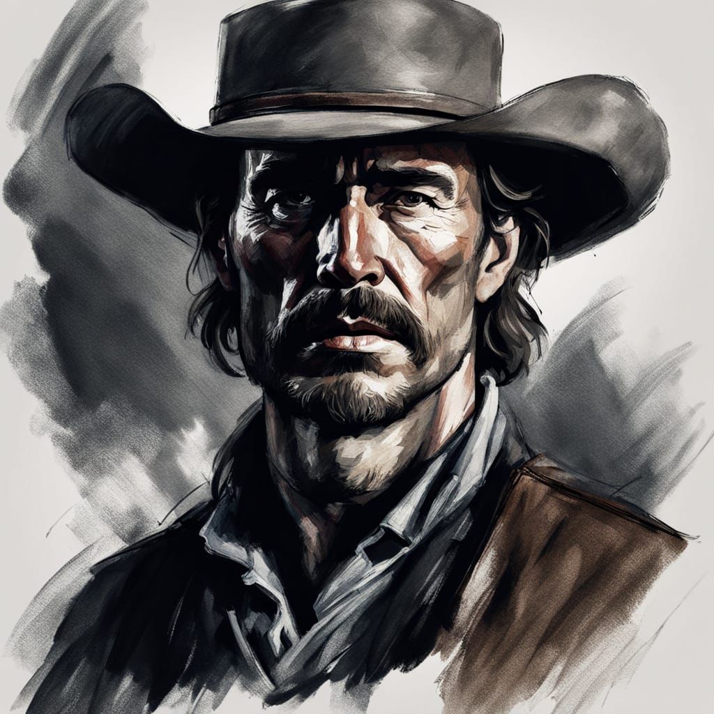 Vulnerable Cowboy Portrait in Charcoal, Exuding Resilience a...