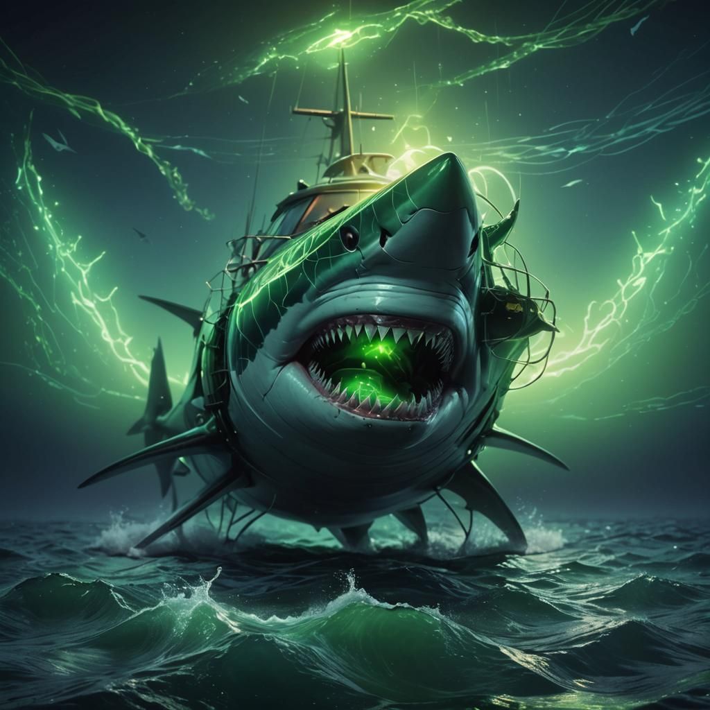 Boat Transforms into Bioluminescent Shark: Neon Digital Art