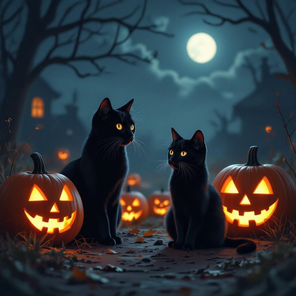 Black Cat with Jack o' Lanterns at Night, Photorealistic