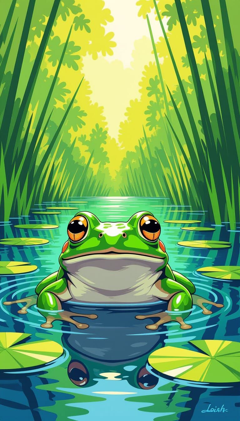 Shocked Frog in Pond: Imaginative Realist Painting
