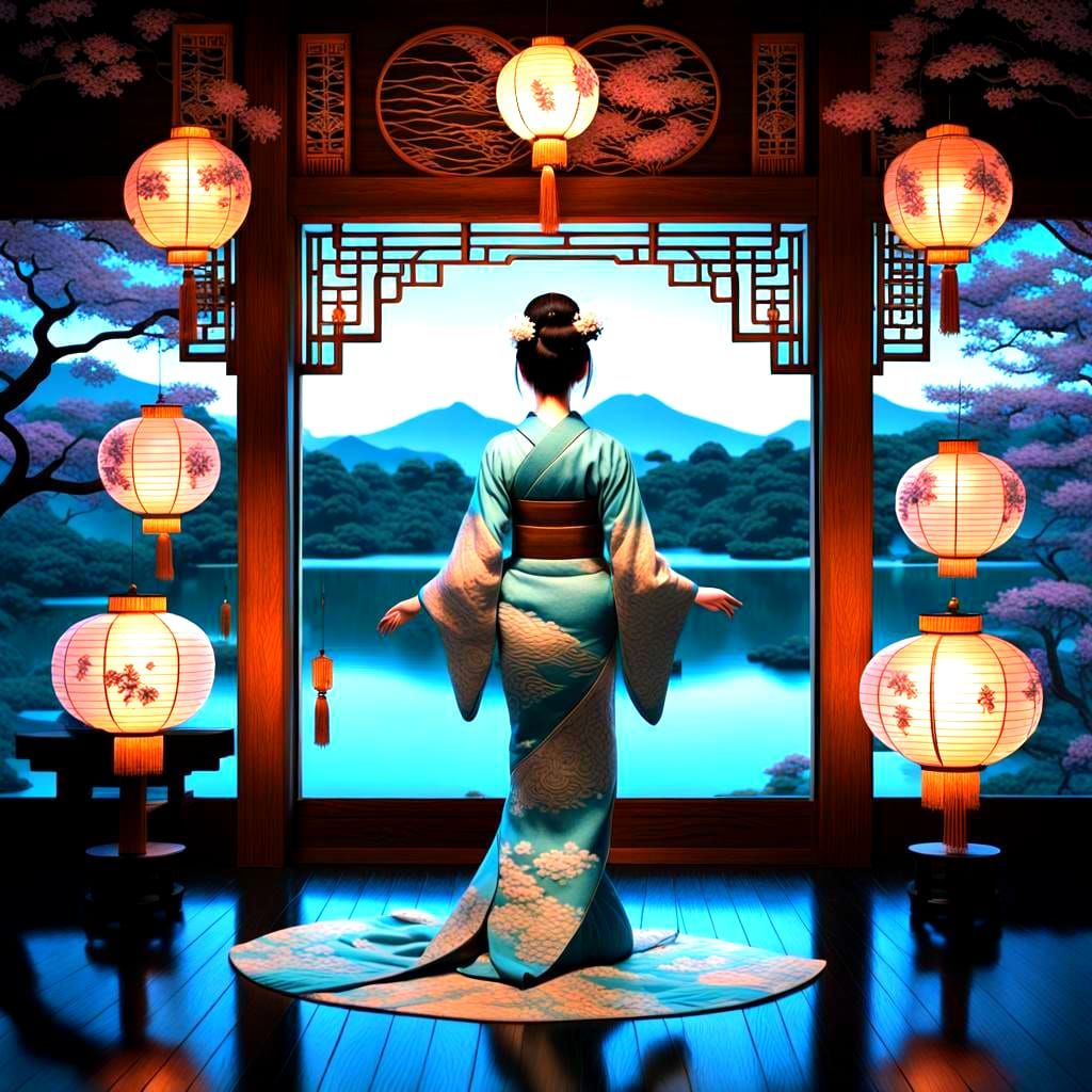 Bioluminescent Geisha in Tea Room: Vector Art