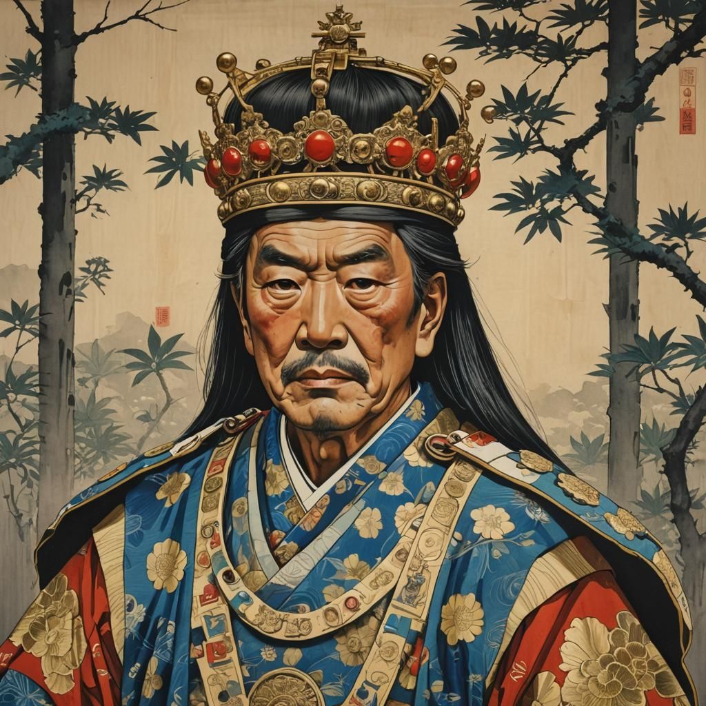 Crowned Emperor in Japanese Woodblock Print Style