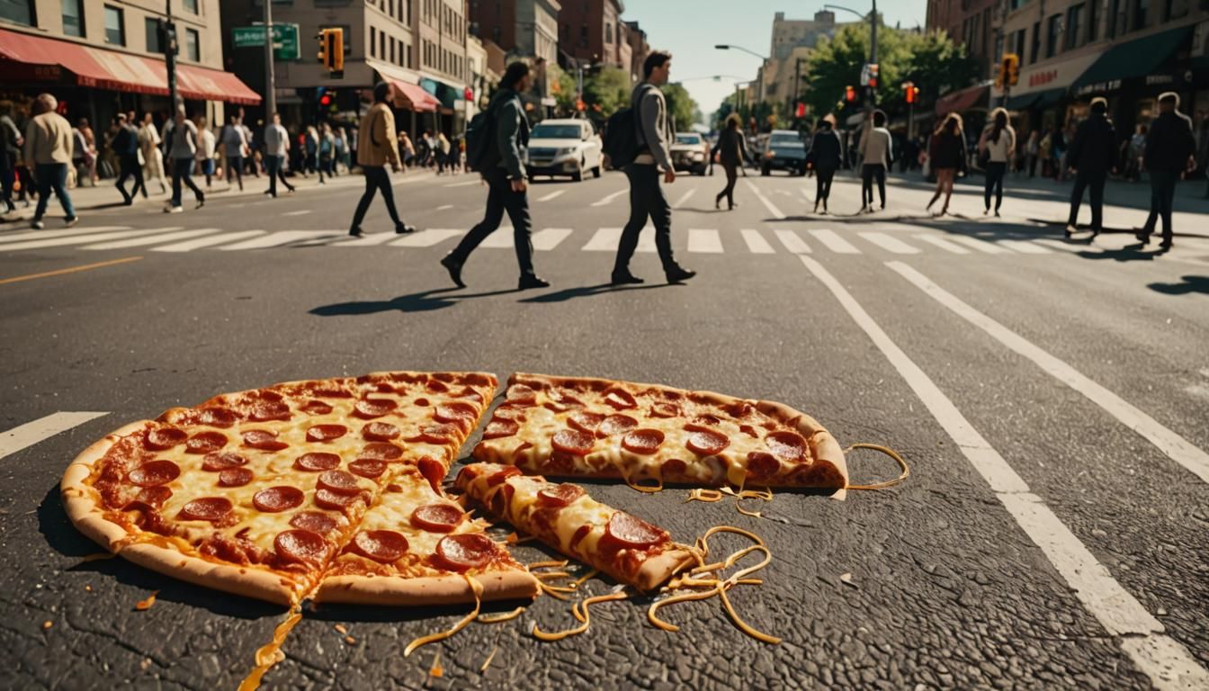 Giant Pepperoni Pizza Slice in City Crosswalk