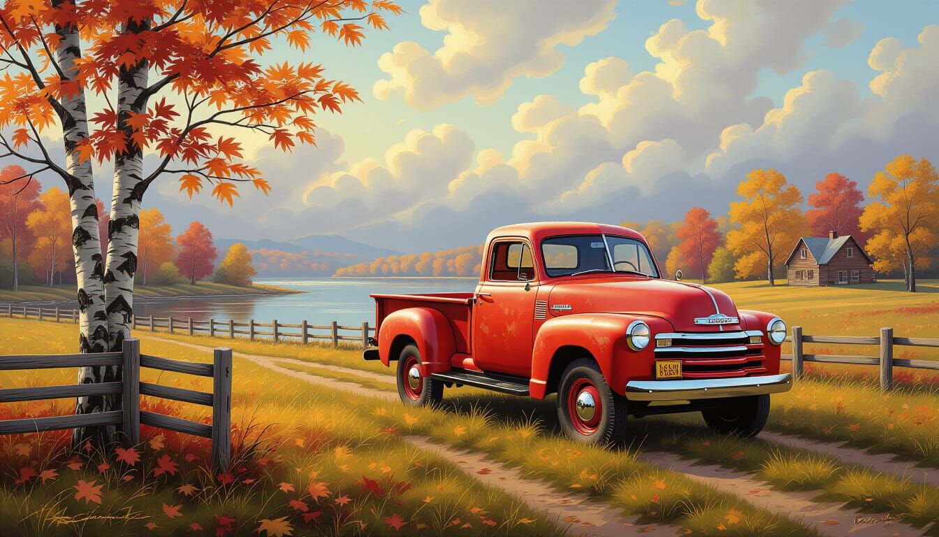 Autumn Landscape with Vintage Truck in Impressionist Style