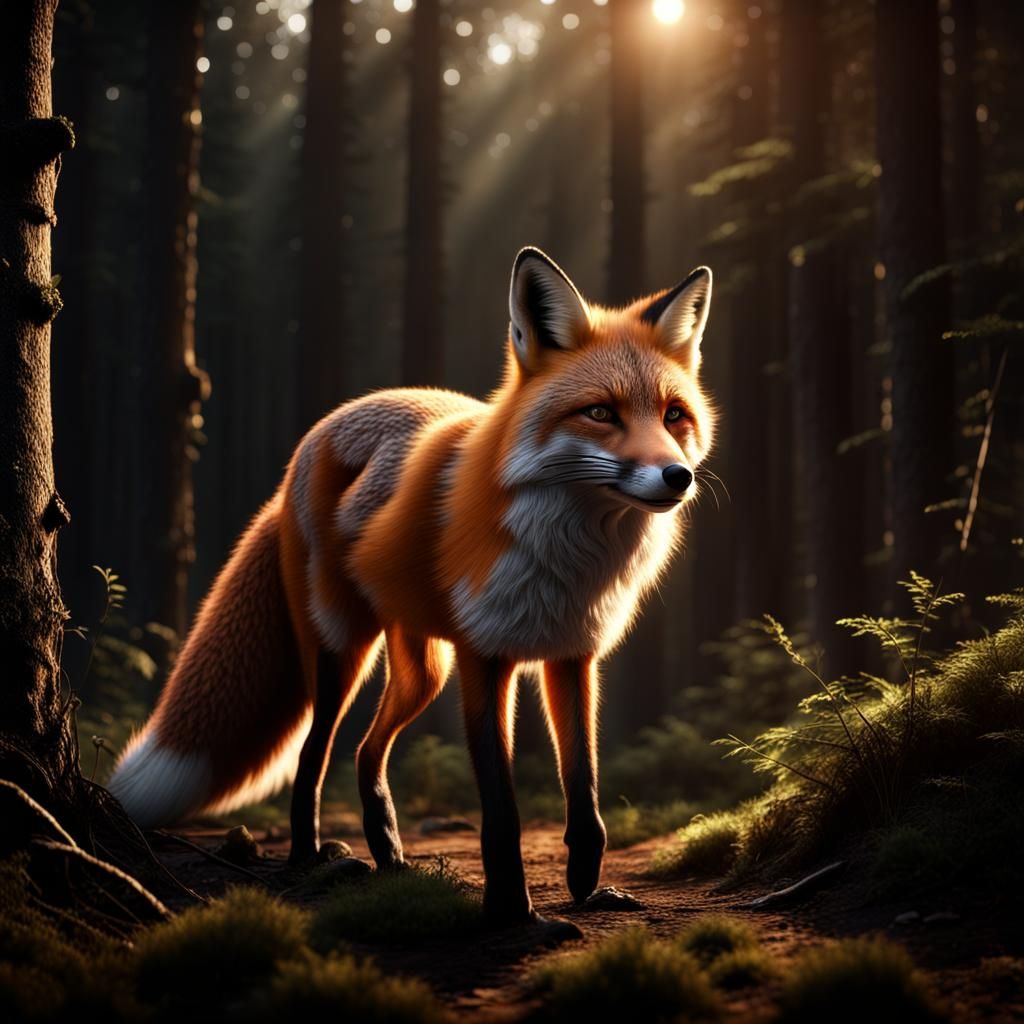 Epic Fox in Dark Forest: 3D Photorealistic Render