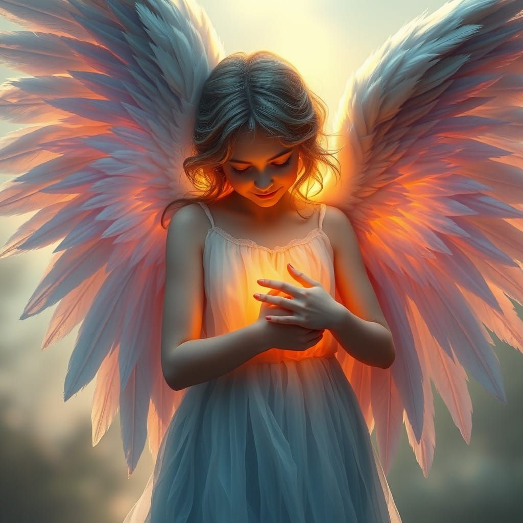 Angel Protects Child with Radiant Wings in a Dreamy, Magical...