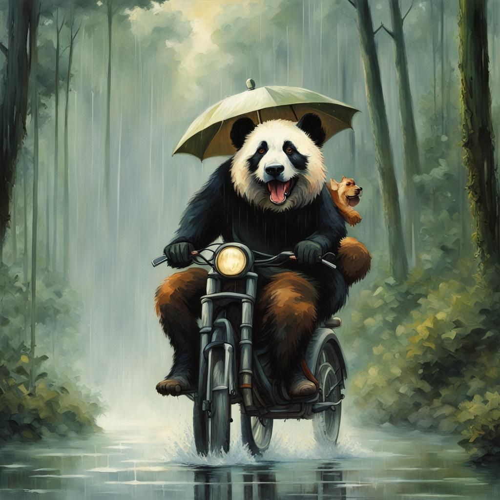 Dog Rides Panda in Rainforest: Impressionist Style