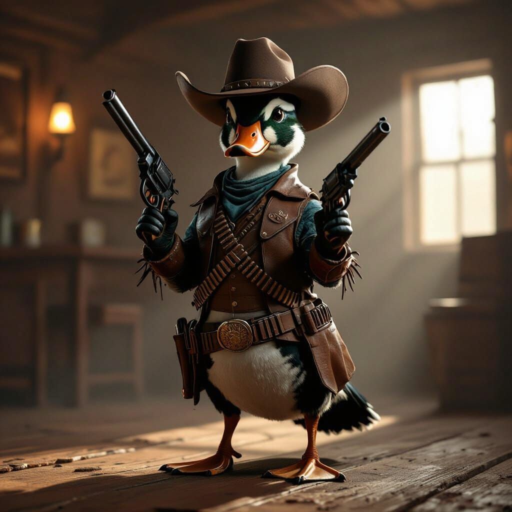 Teal Duck Gunslinger in Dusty Saloon, Cinematic Lighting