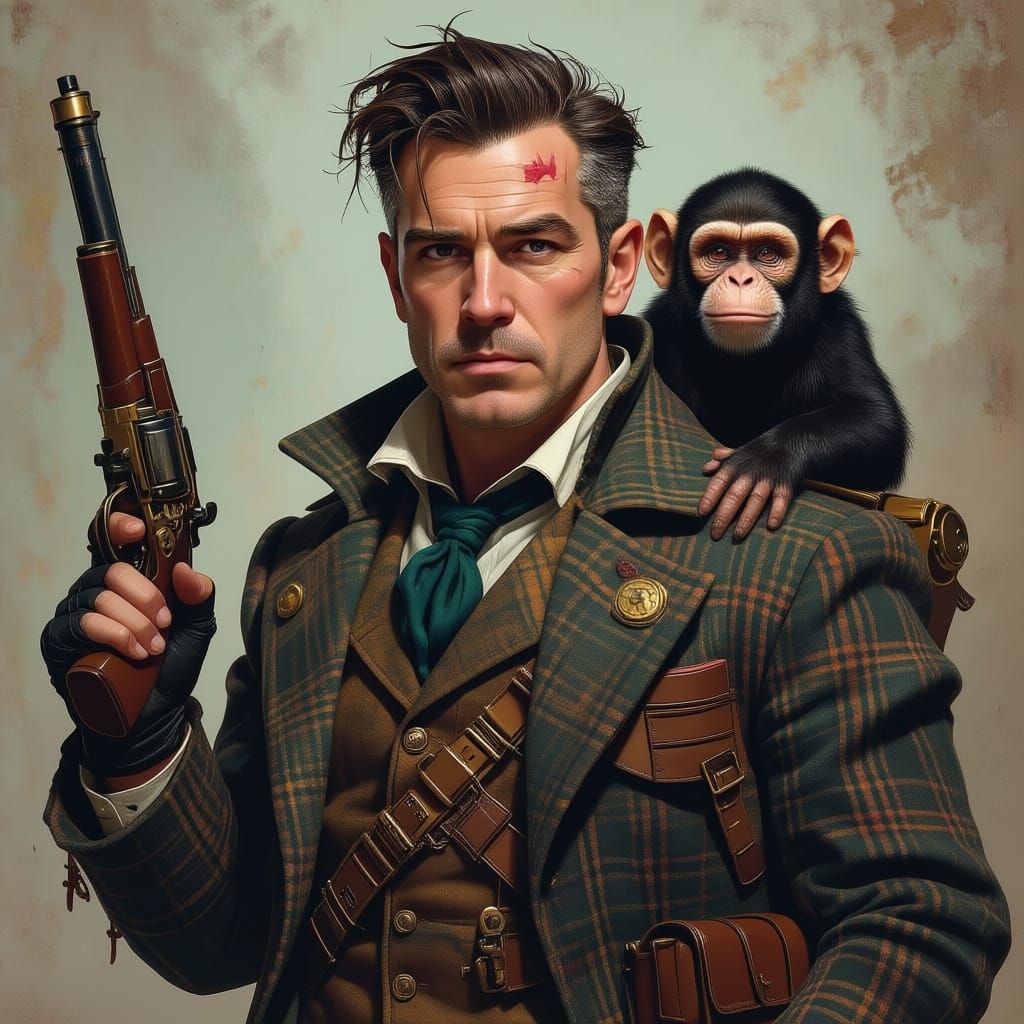 Steampunk Adventurer with Monkey and Flintlock Pistol