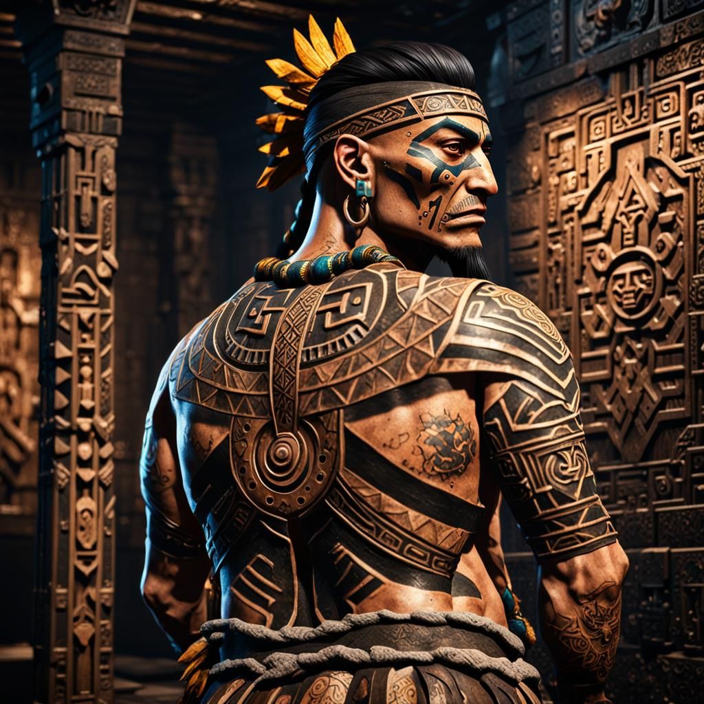 Aztec Tattoo Figure in Cinematic 3D Style