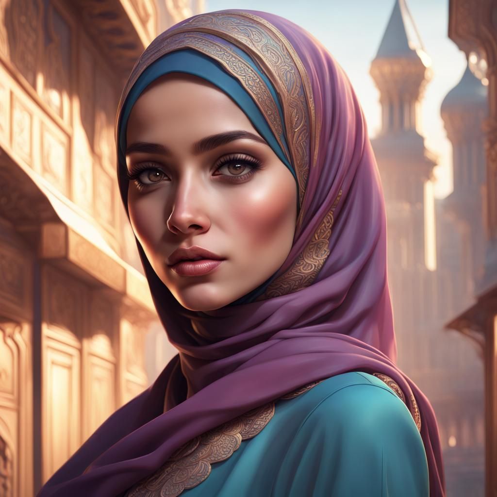 A beautiful charming Muslim girl with elegant hijab portrait, head and shoulders portrait, 8k resolution concept art por...