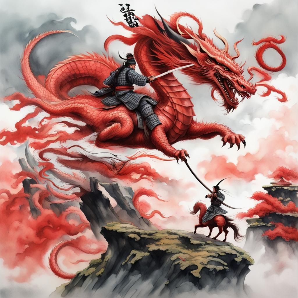 Samurai Riding Dragon: Ink Painting