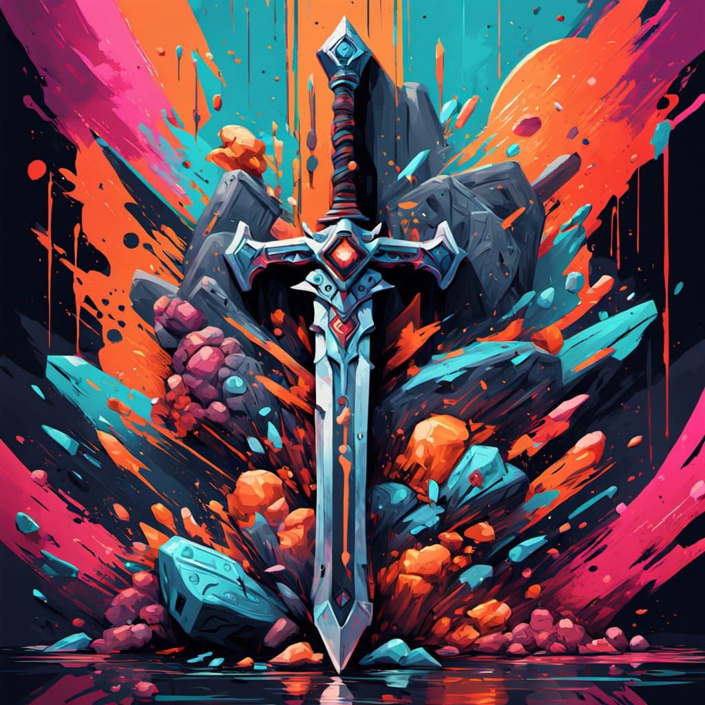 Vibrant Neon Master Sword in Stone Graffiti Art
