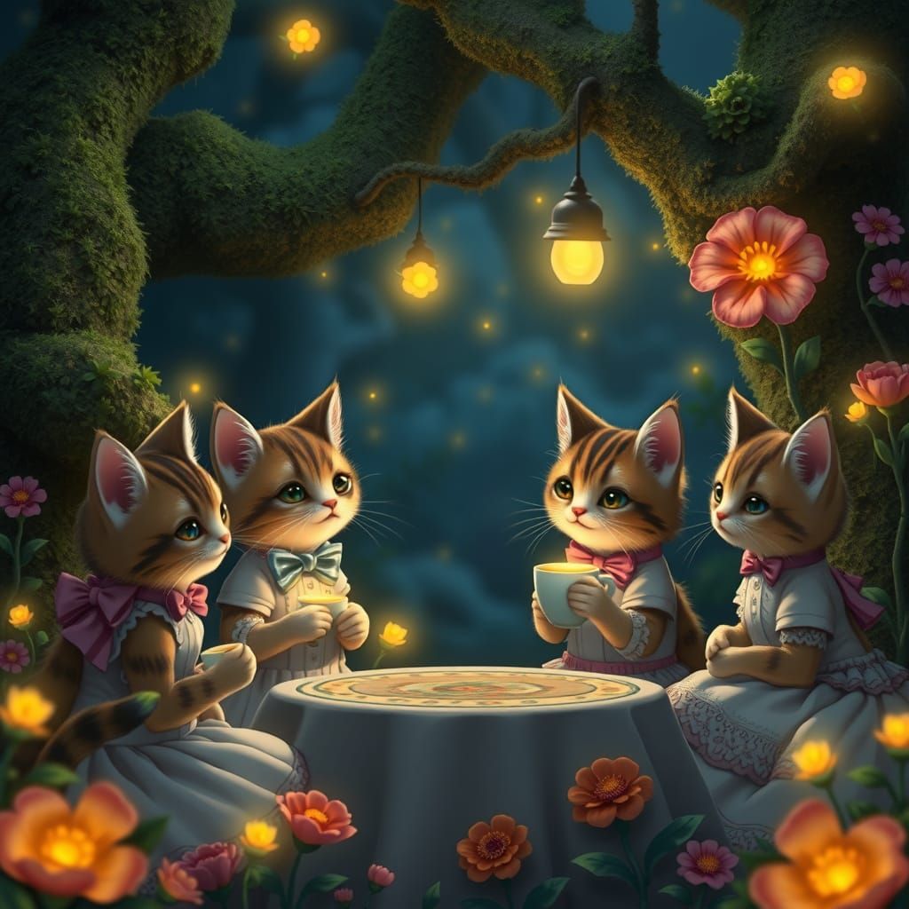 Victorian Cats Teaparty in Enchanted Garden
