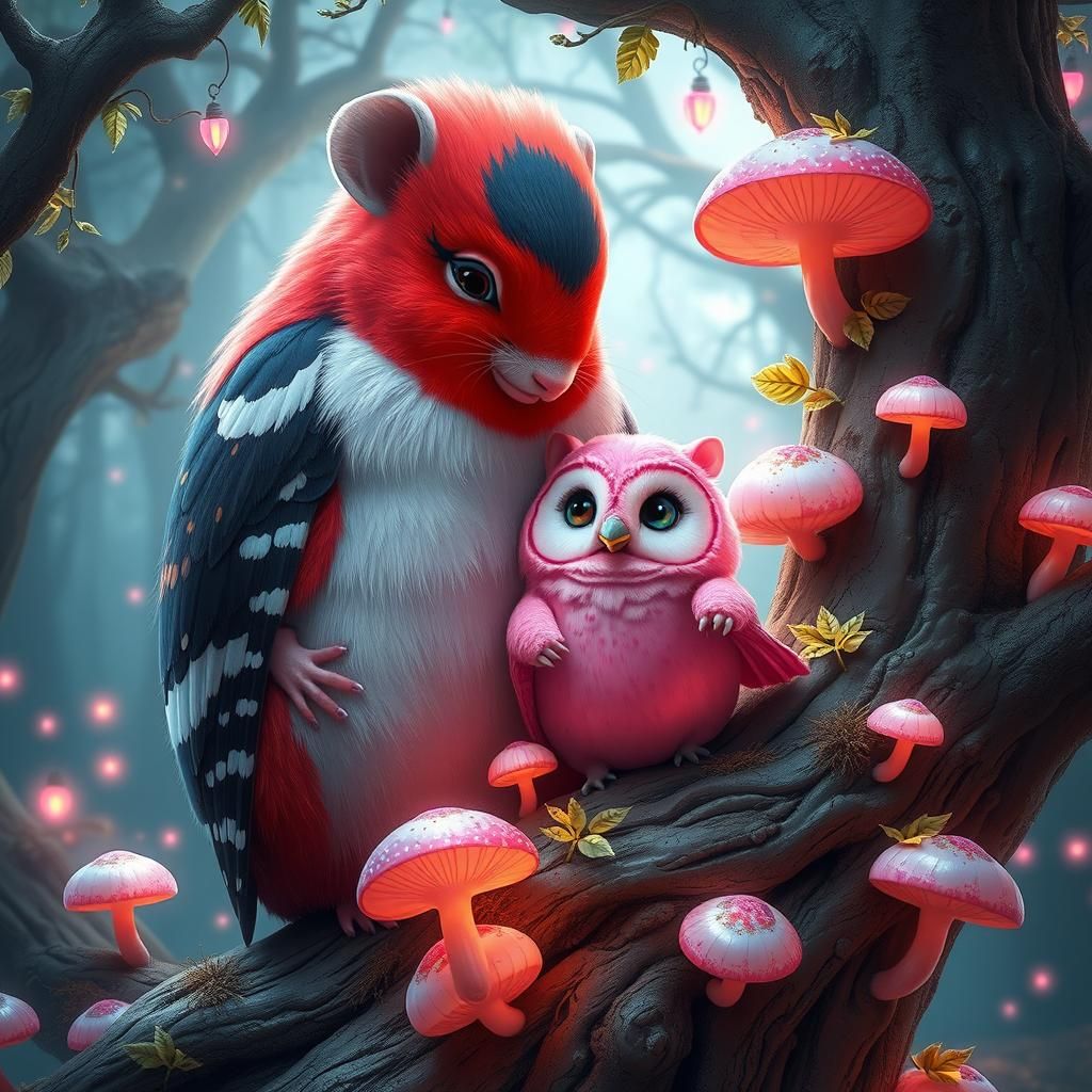 Hamster-Headed Creature Cuddles Owl Companion in Whimsical F...