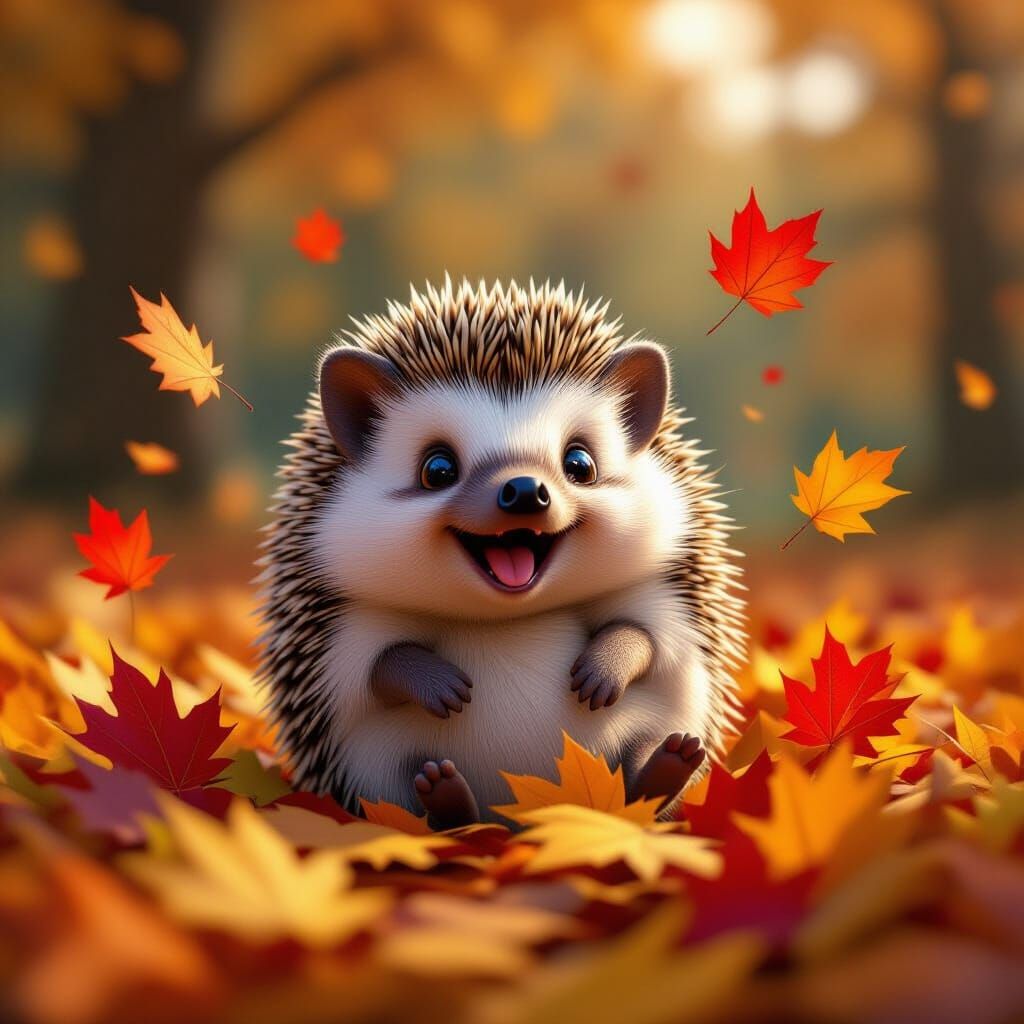 Cute Hedgehog Plays in Autumn Leaves Matte Painting