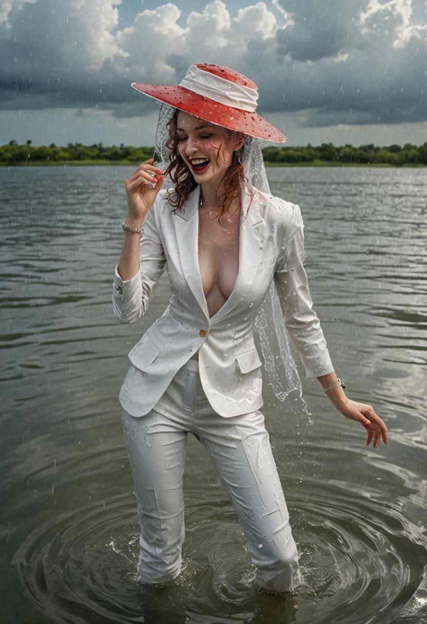 Glamorous Woman in White Suit Laughing in the Rain