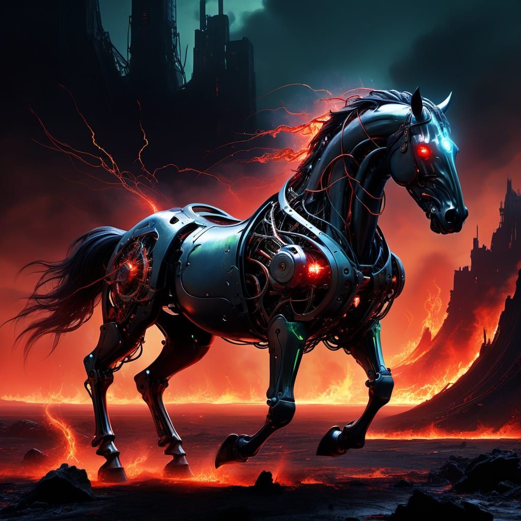 Cybernetic Horse in Apocalyptic Landscape