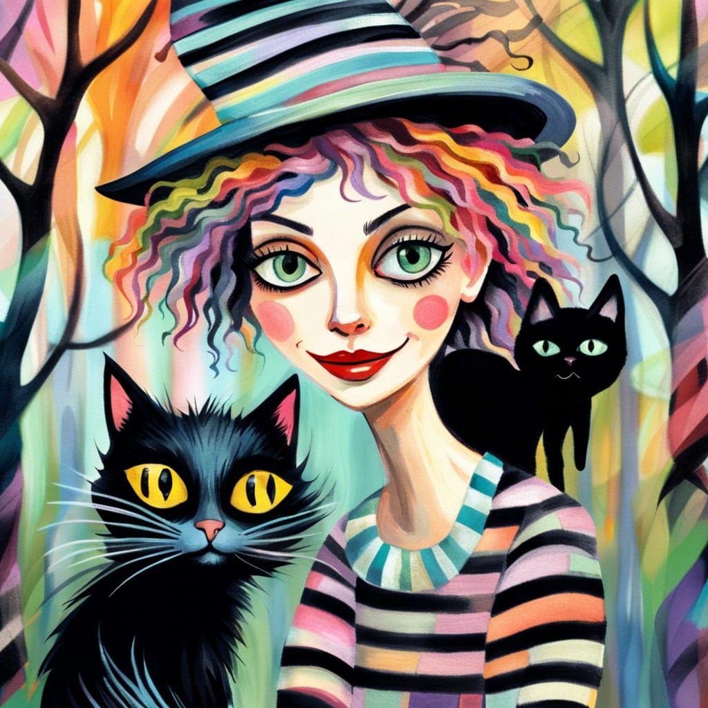 Whimsical Portrait with Cat in Expressionist Style