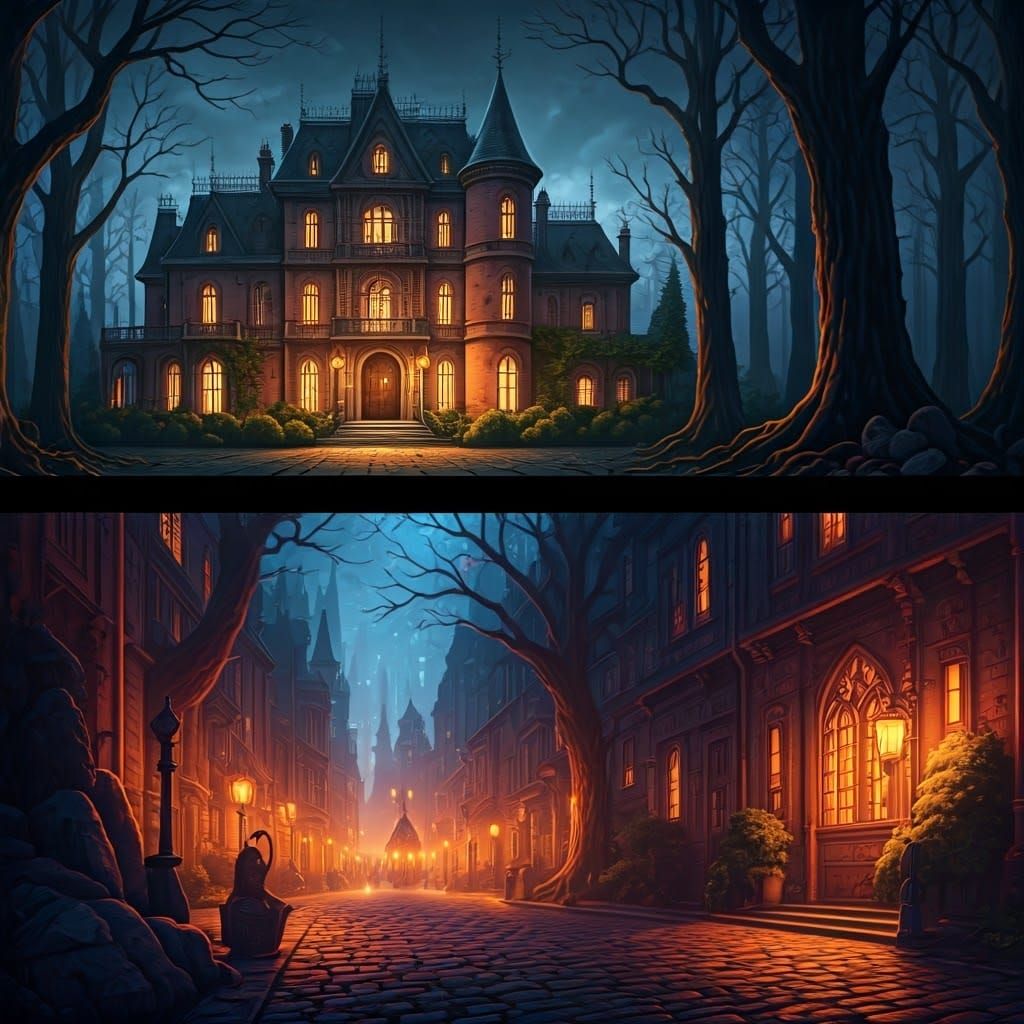 Lantern-Lit Haunted Mansion in Gothic Style