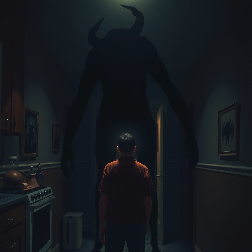 Terrifying Shadow Figure in Hallway, Gothic Horror Style