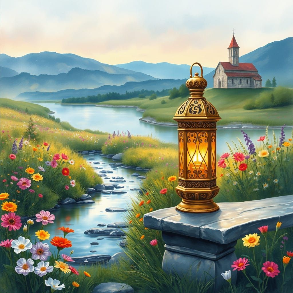 Full view, whimsical watercolor painting, impressionist style, beautiful flowers of various colors in a meadow, a small ...