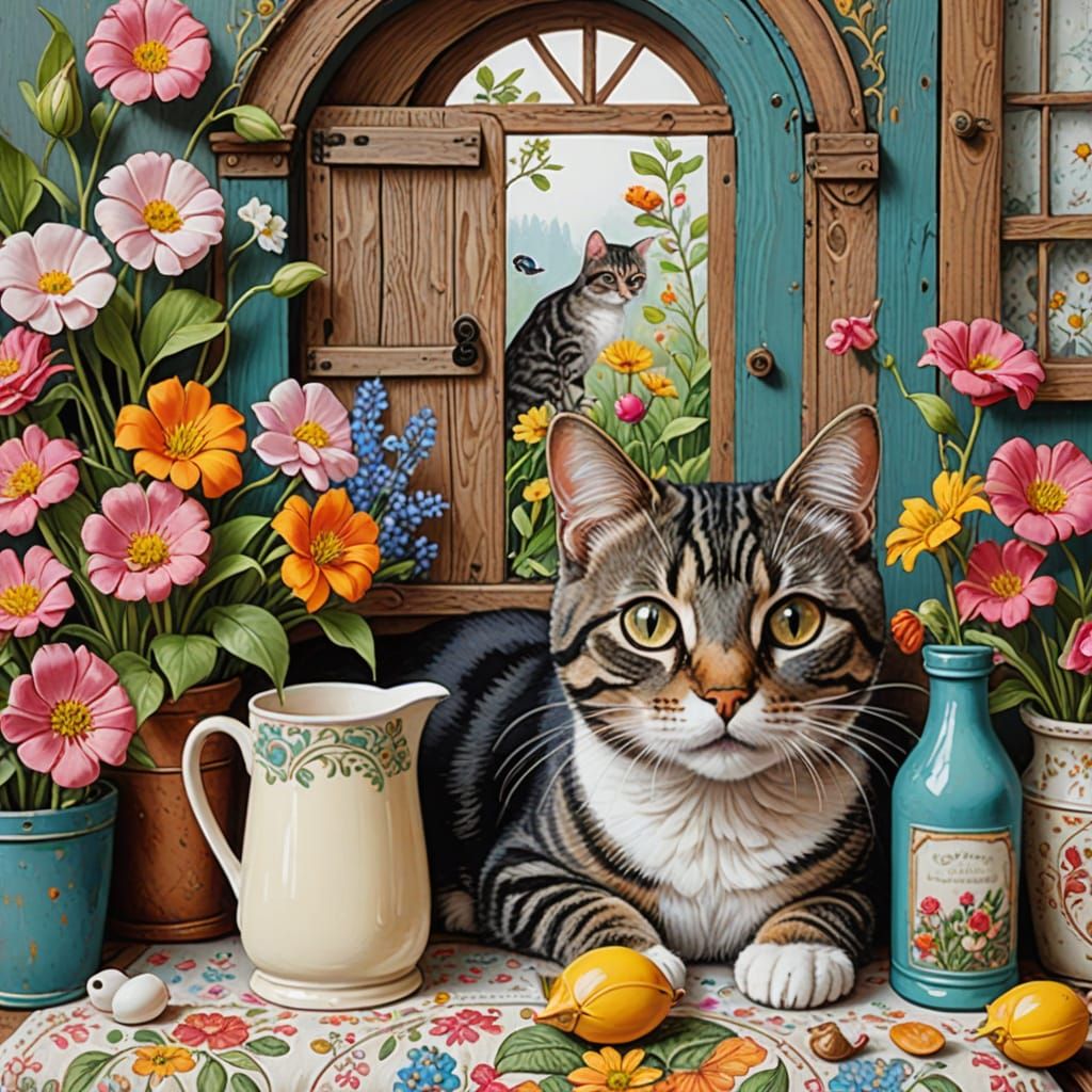 Whimsical Victorian Cat and Mouse Cartoon