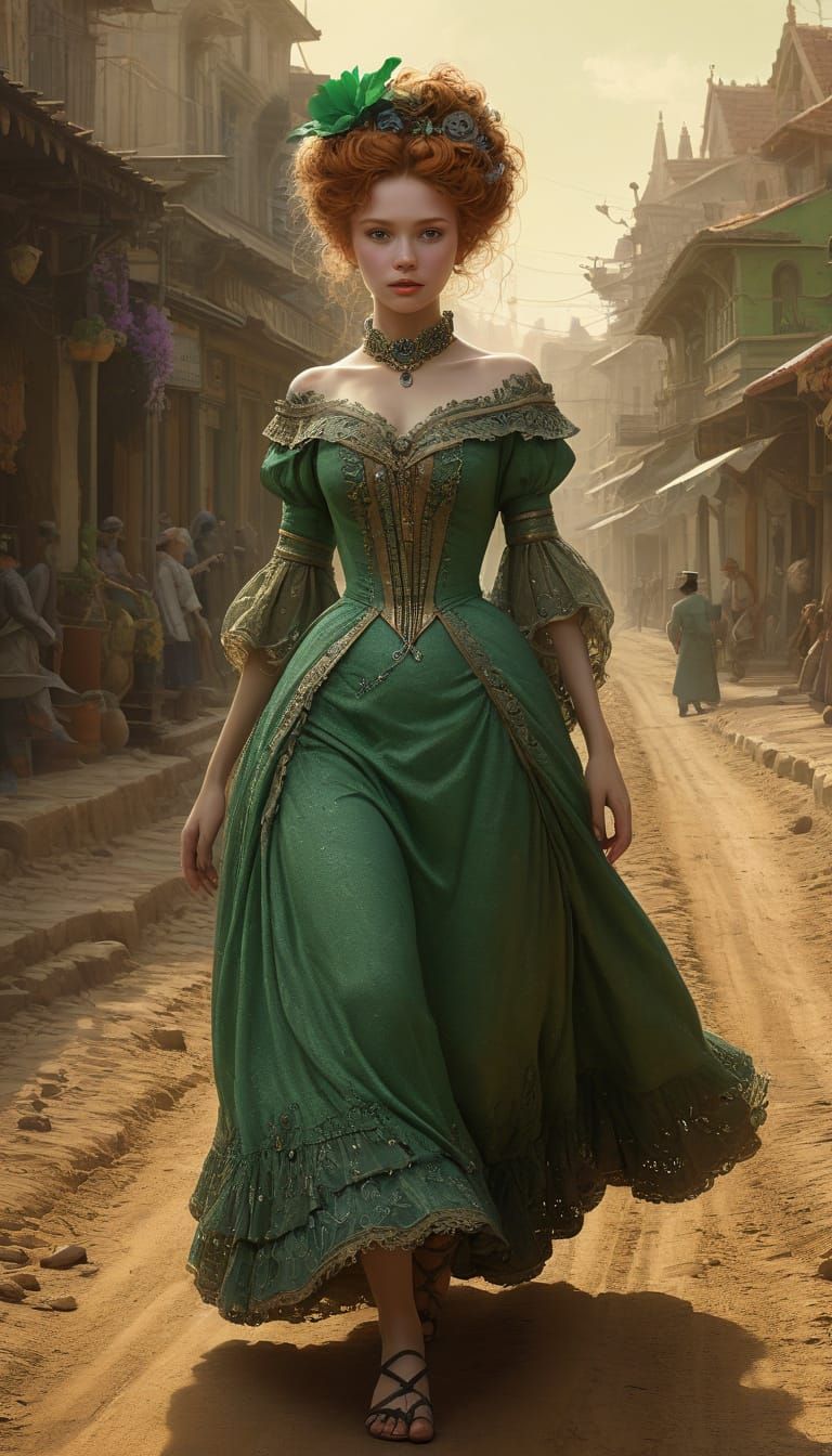 Victorian Woman in Green Gown on Dusty Road