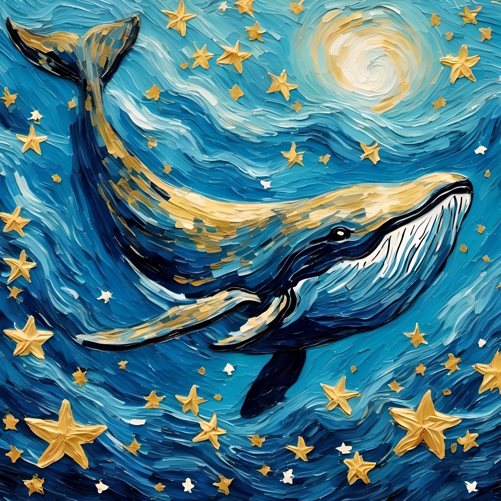 Whale Painting in Impressionistic Style with Starry Flowers