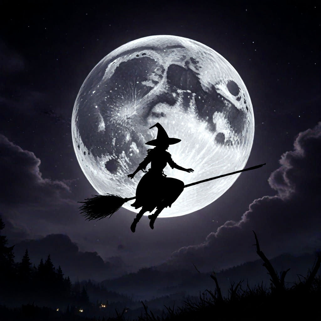 Witch Silhouette Under Golden Moon, Dark Fantasy Concept Art
