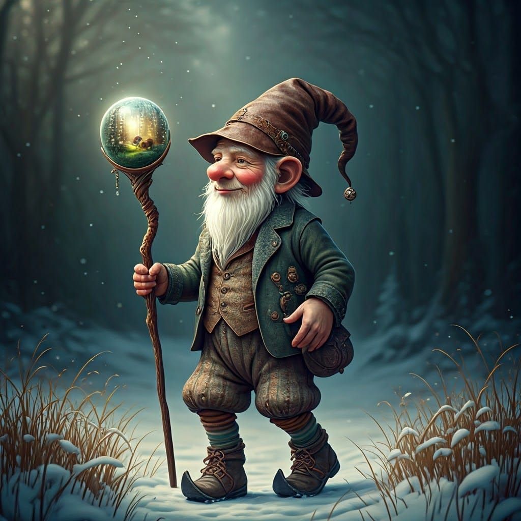 Gnome in Winter Meadow, Fantasy Art