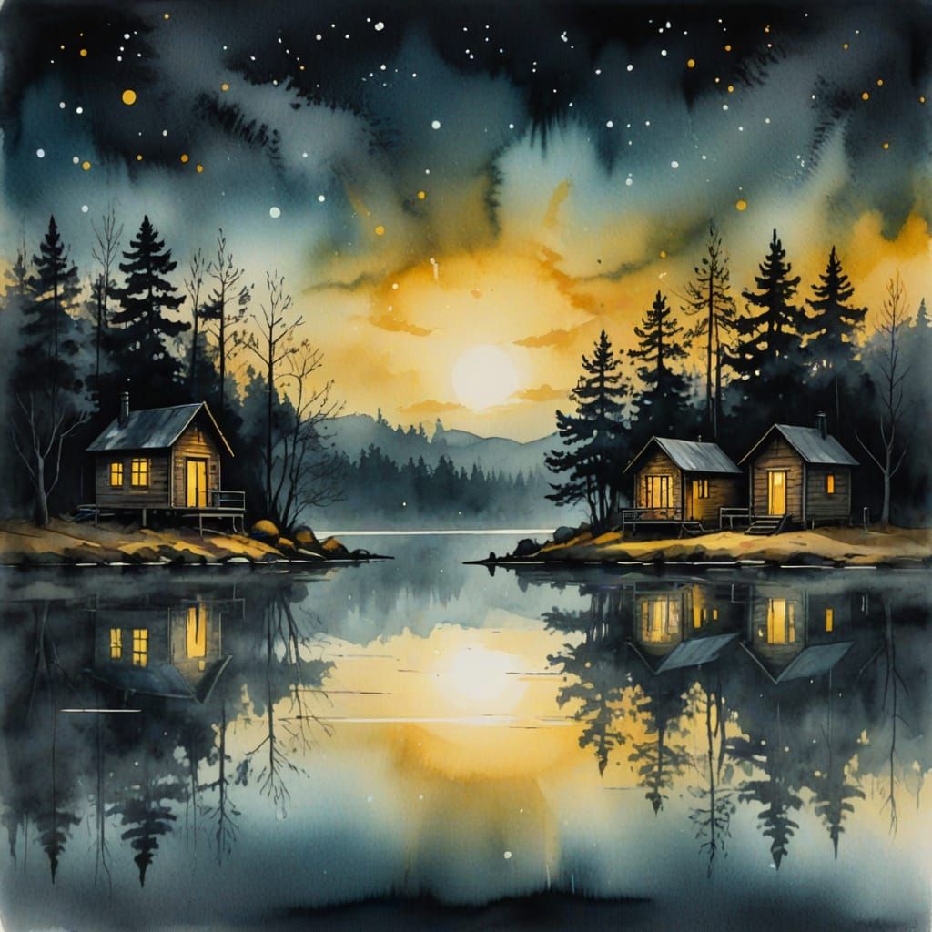 Cosmic Lake Reflection in Ink Painting Style