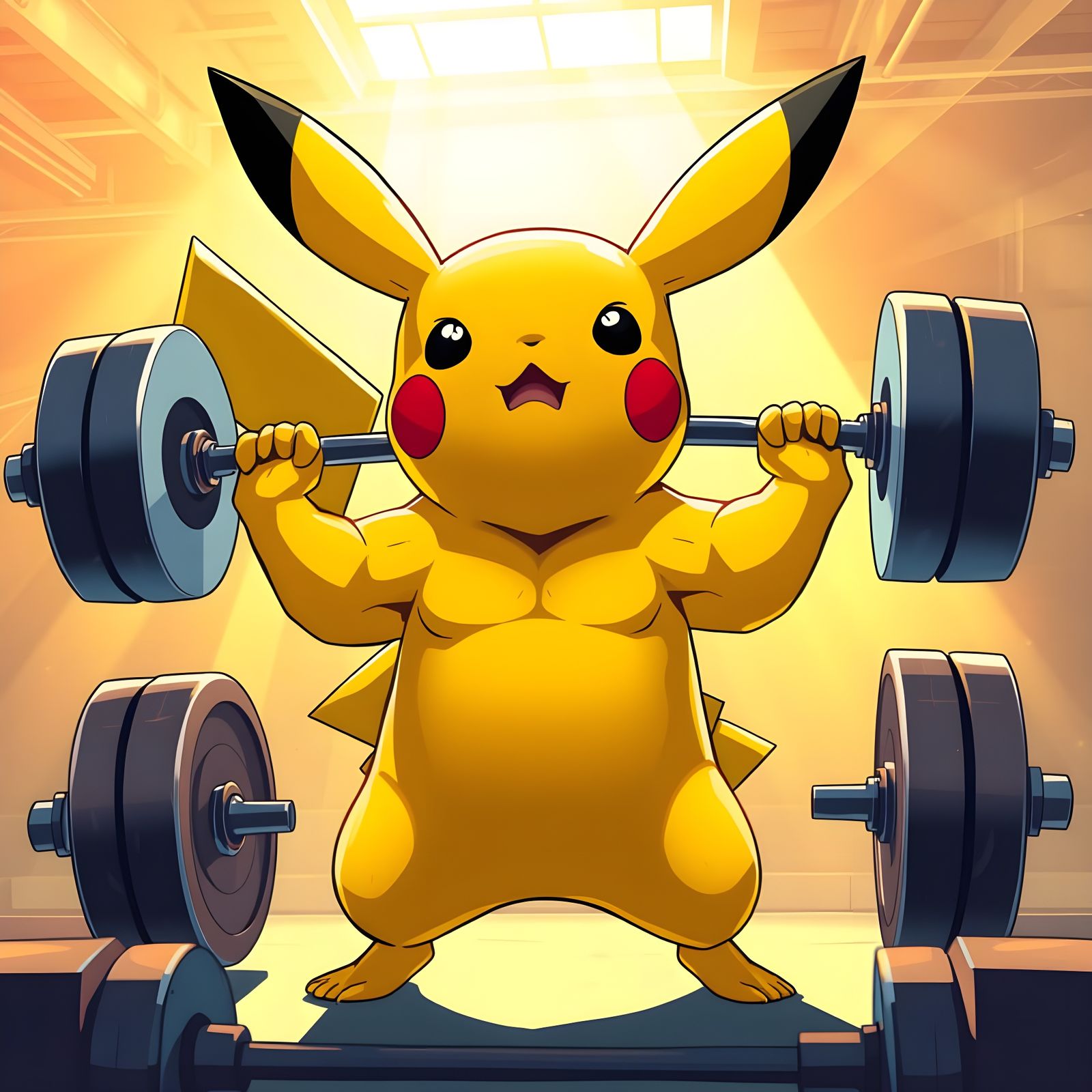 Pikachu Powerfully Lifts Weights in Vibrant Gym