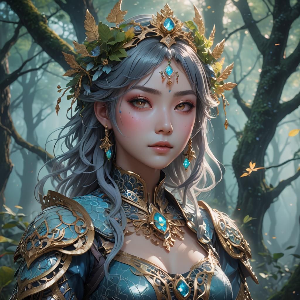 Ethereal Anime Portrait in Misty Forest, 3D Art