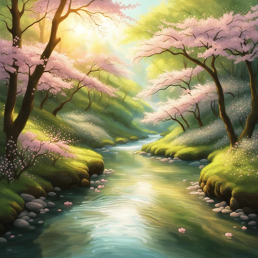 Lush Forest Stream with Cherry Blossoms