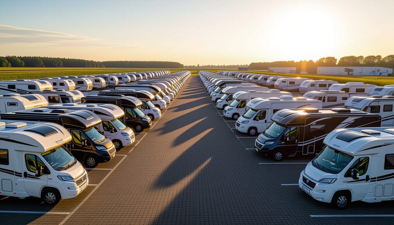 Motorhome Sales Park in Grave, Netherlands at Golden Hour