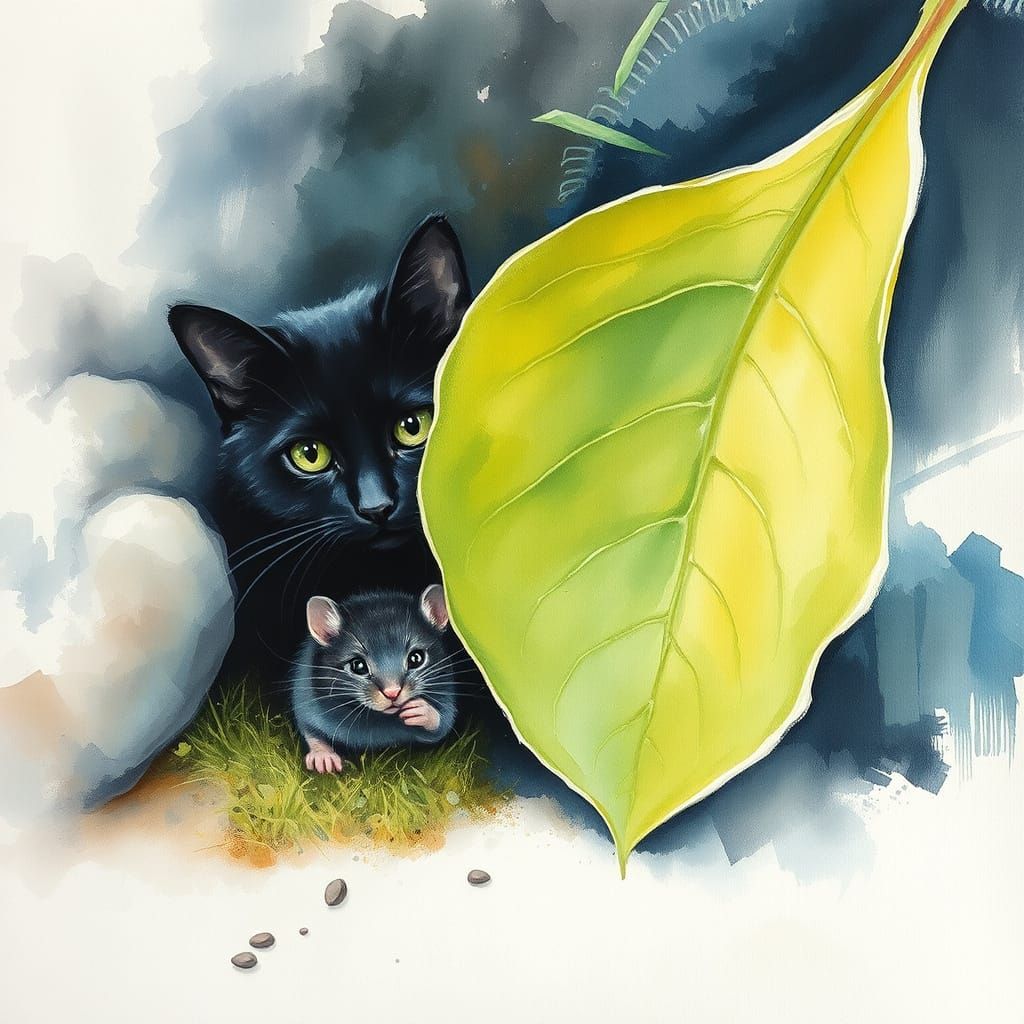 Cat and Vole in Gouache Watercolor Impressionist Style