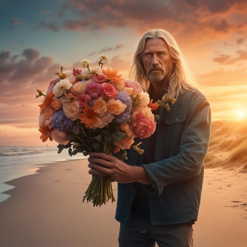 Romantic Beach Scene with Man and Flowers