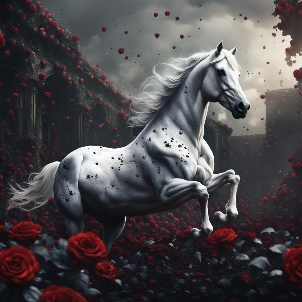White Horse Amongst Black Roses: Detailed Matte Painting
