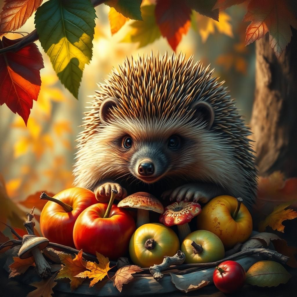 Hedgehog's Autumnal Feast: A Hyperrealistic Still Life
