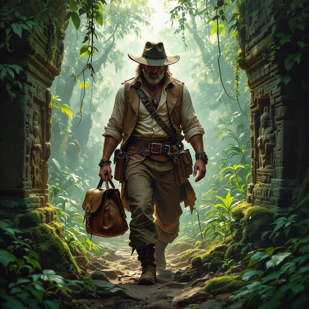Treasure Hunter in Ancient Jungle, Hyperrealistic Digital Pa...