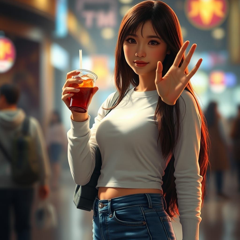 Young Asian Girl with Drink, Detailed Matte Painting