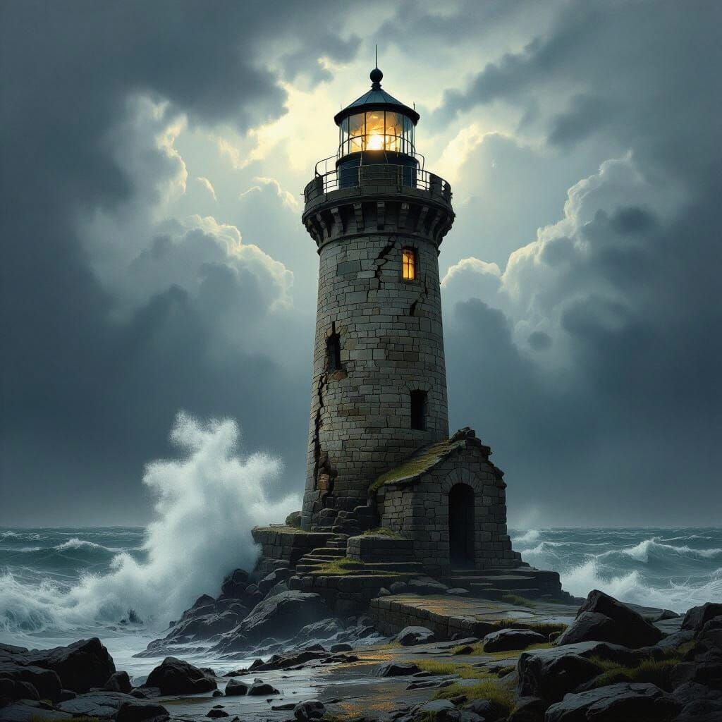 Ancient Lighthouse Against Stormy Seas